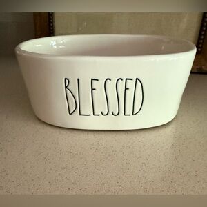Ray Dunn White Ceramic Bowl with 'Blessed' Text - no candle inside.